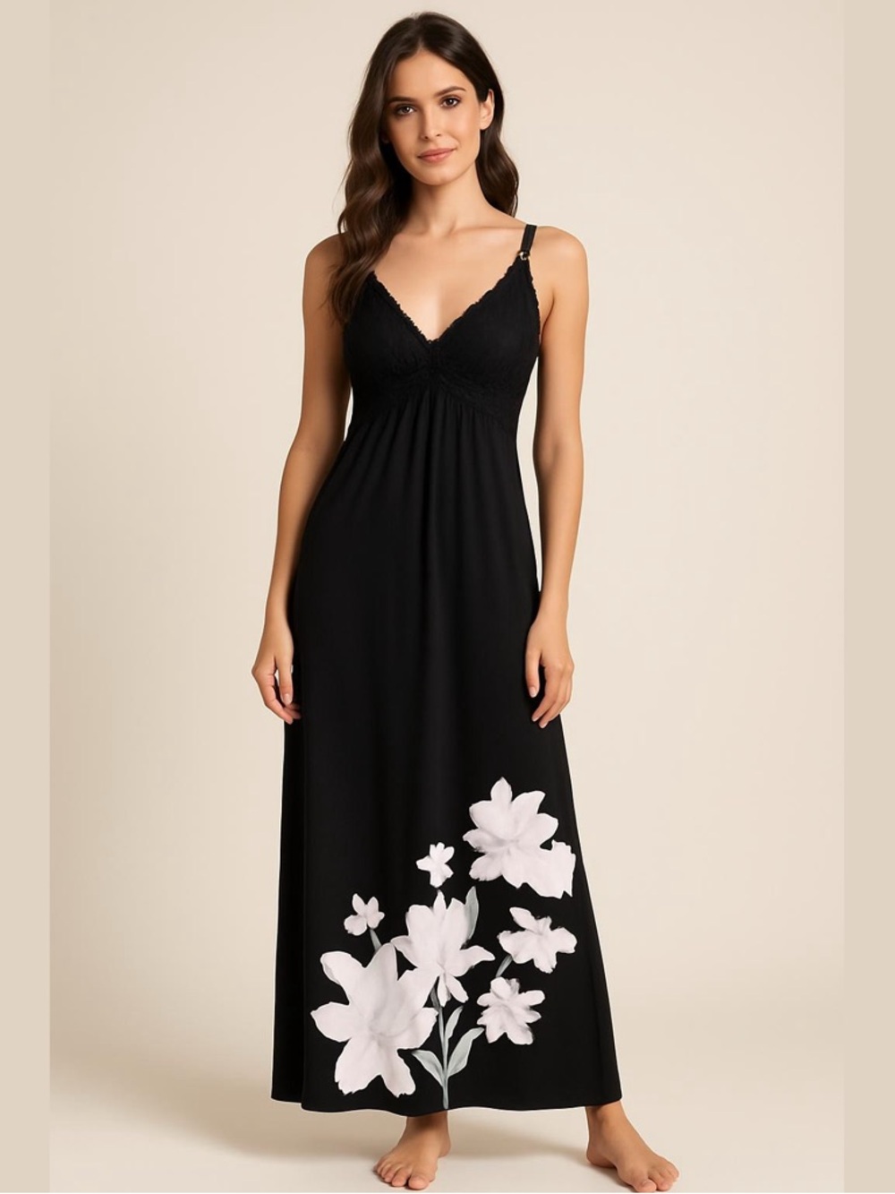 Soma Intimates Black Floral Maxi Nightgown Size XL Comfy Romantic Soft